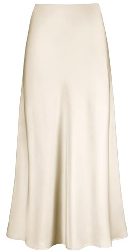 Outoshe Women's Satin High Waisted Maxi Skirts Hidden Elasticized Waistband A Line Long Skirt Beige