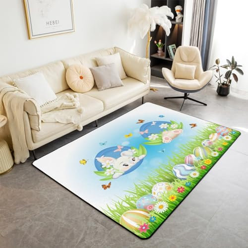 Homemissing Frohe Ostern Teppich 100x150cm Niedlich Kaninchen Bunny Schmetterling Wetterfest Modern Teppich Ostern Eier Wohnzimmerteppich für Wohnzimmer Küche Balkon Botanische Flora Outdoor Teppich
