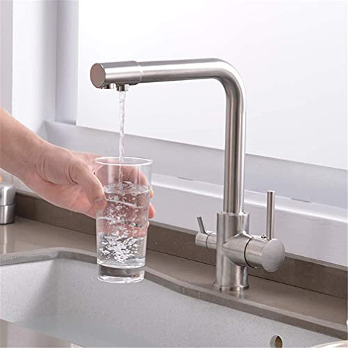 Küchenarmaturen aus gebürstetem Nickel, Trinkwasserfilter-Wasserhähne, Spülbecken-Mischbatterie, 360-Grad-Drehgelenk, Doppelgriff, Deckmontage, gefilterter Kran für die Küche, 3-Wege