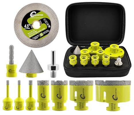 SANLEETEK Juego Brocas Diamante 6/6/8/25/35/50/68mm+10mmBroca Fresado+50mmBroca Chaflán+115mmDisco Diamante+Adaptador Dentado Sierra Perforadora Cerámica Porcelánico Mármol Granito M14 Rosca