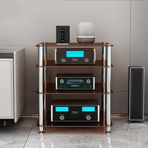 GUAWJRZDP Mehrstufiger Audio Rack Hi Fi Regal, Hi Fi Rack Aus Gehärtetem Glas, Offenes Phonoschrank, Hi Fi Regal Mit Stoßdämpfendem Design, Plattenspieler Regal for Wohnzimmer(Brown,4-Tier)
