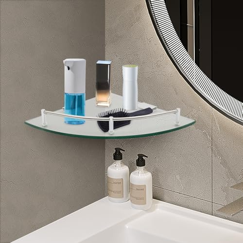 SICHENSH Glas-Eck-Duschregale Duschablage Glas Eckregal Glasregal Hartglas Glasablage mit Edelstahl Klammern Bad Eckregal Duschregal Glas Wandmontage Regal Edelstahl Eckablage Ablage