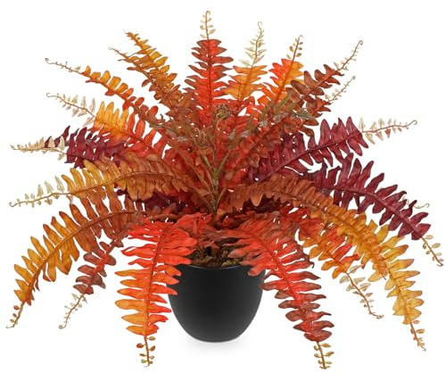 Hollyone Helecho Boston artificial naranja de 19.6 pulgadas, plantas falsas en maceta para decoración del hogar, arbustos de helecho sintético en maceta para mesa, estante, sala de estar, Acción de