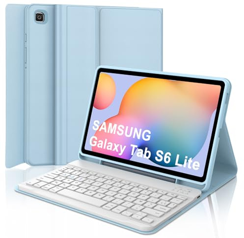 Coque Clavier pour Samsung Galaxy Tab S6 Lite 10.4 2024/2022/2020, AZERTY Français Housse Clavier Bluetooth Magnétique Détachable avec Porte Crayon pour Samsung Galaxy S6 Lite 10.4 Pouces, Bleu Ciel