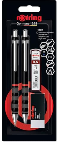 rOtring Tikky Set aus FeinminenstiftKugelschreiberRadierer und Ersatzminen | Bleistift mit HB-Mine0,5 mm | Schreibgerät mit mittelgroßer Spitze | Schwarz | Leicht mit gummierter Griffzone