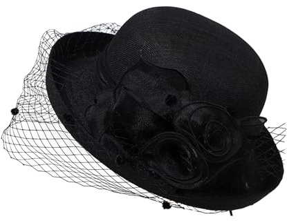 JIAHG Chapeau Derby en Organza avec Voilette Vintage Chapeau Bibi avec Fleurs Dame Demoiselle Chapeau de Mariage Chapeau Melon d'église UV Protection Solaire