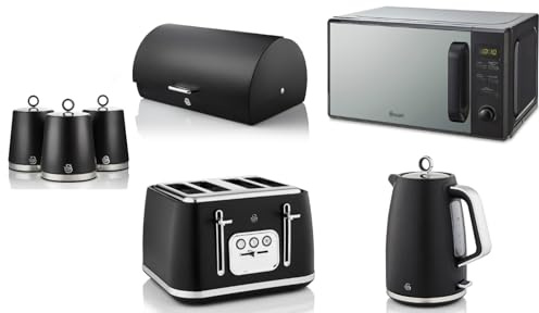 Swan Serenity Black 1.7L 3KW Kettle, 4 Slice Toaster, Bread Bin, Canisters and 20L 800W Digital Microwave SM4421BLK. Contemporary Design Matching Swan Kitchen Set of 7 with a Sleek Black Finish