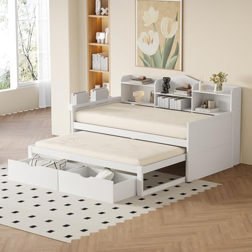ECLIVON Sofá Cama Infantil 90x200 con USB y Cama Extensible, Cama Nido 90x190 con 2 Cajones y Estanterías Almacenaje, Cama Individual de Madera con Láminas, Sin Colchón (Blanco)