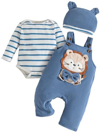UUAISSO Vestiti per Neonato Maglie a Maniche Lunghe a Righe con Stampa di Dinosauri Tuta Regolabile con Bretelle Pantaloni Set di Abiti