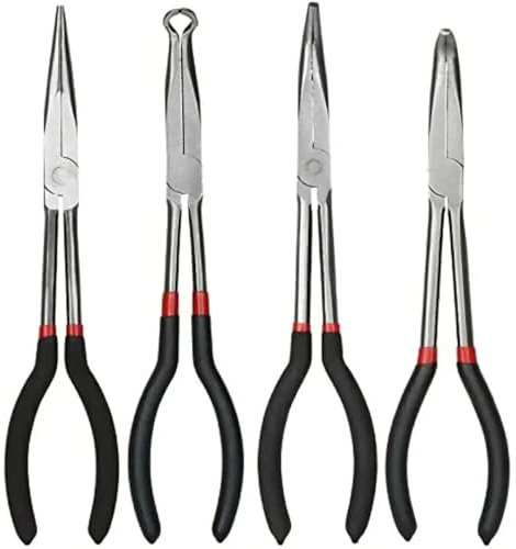 4PCS Long Needle Nose Pliers Set 11 Inch Carbon Steel with Rubber-Coated Grips for Automotive Repair Jewelry Making Crafting