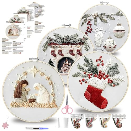 BellaBlend 4 Sets Weihnachts Stickkits für Erwachsene, Stickkits für Anfänger, Kreuzstichkits für Anfänger mit Motiv, Nadeln, Garnen, Zubehör (Stechpalme, Kamin, Strumpf, Krippe)