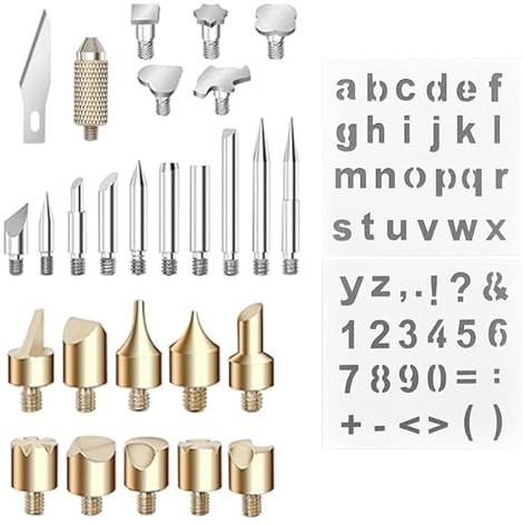 Pongnas Brandmalerei-Set für Holzverbrennung, 26-teilige Brandmalerei-Spitzen Zum Schnitzen von Holz und Leder mit 2 Schablonen, Buchstaben, Zahlen, Symbolen, Kupferfest, Leicht,