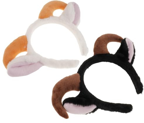 ARTSEWPLY 2pcs Adjustable Plush Animal Theme Hairband with Realistic Lamb Ears and RAM Horns Soft Furry Head Hoop for Christmas Party Cosplay White and Black
