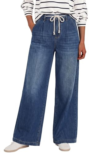 ANRABESS Womens Wide Leg Jeans High Waisted Trendy Drawstring Denim Pants Casual Relaxed Fit Trouser with Pockets Navy Blue Large