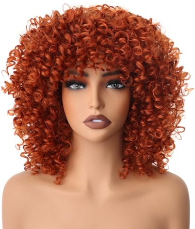PORSMEER 14 Zoll lockige Perücken für Frauen, Afro Kinky lockig wellige Schulterlänge Perücke mit Pony, Kunstfaser Kleber langes tiefwelliges Haar (Kupferrot)