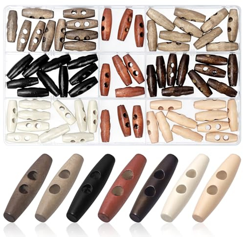 Mardatt 70 Stück 30mm Holzknöpfe Oval, 7 Farben Knebelknöpfe Horn Knebelknopfverschluss Holz Knöpfe Holzknopf Zubehör, Toggle Buttons für Kleidung Nähen DIY Projekte