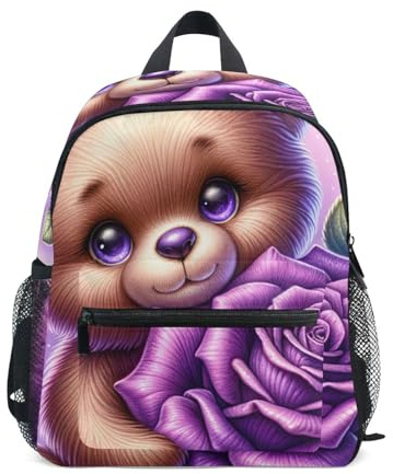 GAIREG Mochila para niños y niñas, mochila de viaje pequeña con etiqueta de nombre y oso de peluche violeta, Tedder Bear Flower Violet, 3-5 Years, Lindas mochilas
