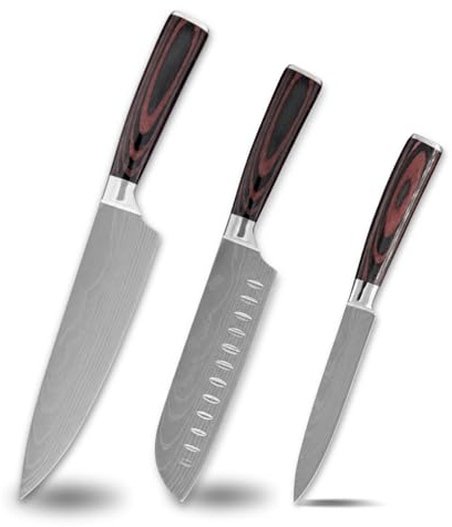 Set Coltelli Cucina 3 Pezzi Multiuso Acciaio Inox, Chef Santoku e Utility, Coltelli Cucina Professionali per Carne Verdure Pesce, Lama Affilata, Idea Regalo