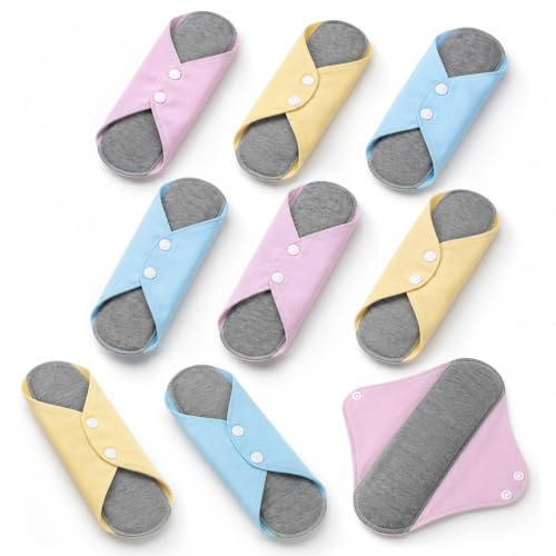 9 PCS Assorted Color Reusable Sanitary Pads, Washable Soft Panty Liners for Women, Reusable Incontinence Pads for Women with Snap Buttons for Daily Feminine Use