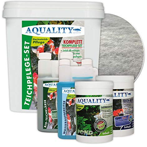 AQUALITY 5er Teichpflege Komplettset (Perfekte Gartenteich-Pflege. Wasseraufbereiter, Teichklärer, Teich-Aktiv und Fadenalgen-Vernichter + GRATIS Anwender-Fibel), Set-Größe:Base Teichpflege-Set