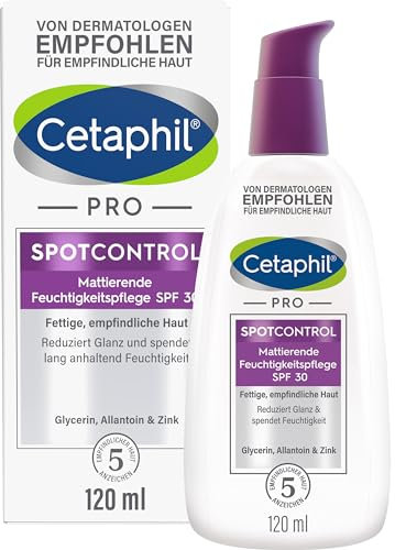 CETAPHIL PRO SpotControl Mattierende Gesichtscreme SPF 30, 120ml, Leichte Feuchtigkeitspflege für unreine, fettige, zu Akne neigende Haut, Reduziert Glanz und Unreinheiten, Mit Lichtschutzfaktor 30