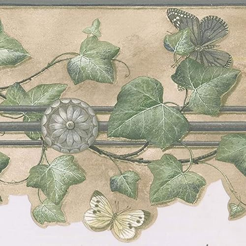 CONCORD WALLCOVERINGS ™ Wallpaper Border Vintage Pattern Ivy Butterflies Gypsum Decorations, Die Cut Edge for Cottage Kitchen Dining Room, Beige Yellow Green Gray, 9 Inches by 15 Feet KA75870DC
