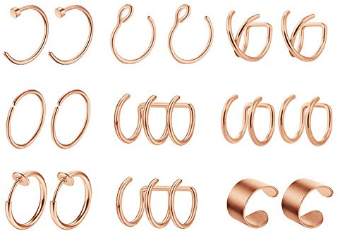 Mayhoop 8 Pares Clip de Oreja Acero Inoxidable Oro rosa sin Perforación Pendientes de Cartílago Falso Piercing Oreja Labbio Nariz para Hombres y Mujeres