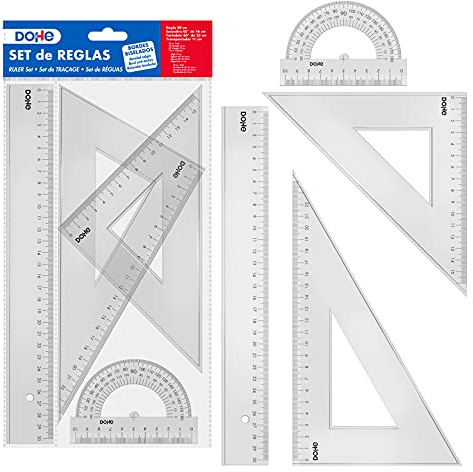 Dohe - Pack Reglas Escolares: Regla 30 cm, Escuadra, Cartabón y Transportador de Ángulos - Material escolar
