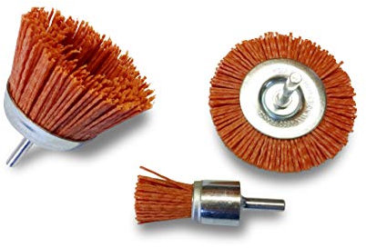 Lot 3 brosses sur tige 6 mm | Coupe Ø 75 mm | Circulaire Ø 75 mm | Pinceau en bout Ø 22 mm | Fil nylon abrasif grain 80 | Adaptable perceuse visseuse | Kibros FT025474b