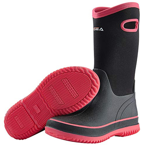 HISEA Womens Rain Boots, Women Neoprene Barn Boot Rubber Garden Shoes Waterproof Mid Calf Mud Boots for Outdoor Farm Work, Black & Pink, Size 9