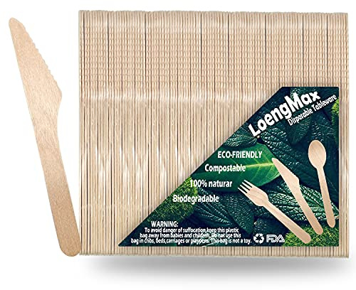 LoengMax Cuchillos de madera desechables, 100 piezas de 6 pulgadas de longitud, cubiertos de madera, ecológicos, 100% compostables biodegradables-naturales utensilios de madera