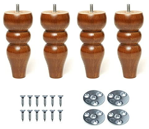 6’’ Wooden Bun Furniture Replacement Legs Feet Sand Oak Colour Beech Wood M8 Thread Level Mounting Plates Set Of 4 Legs For Sofa Cabinet Footstool Chair Bed Ottoman TALLIN 15 CM