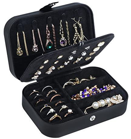 Joyero de viaje, organizador de joyas pequeño de piel sintética para mujeres y niñas, mini estuche de viaje portátil, cajas de almacenamiento para aretes, anillos, collares, pulseras (negro 02)