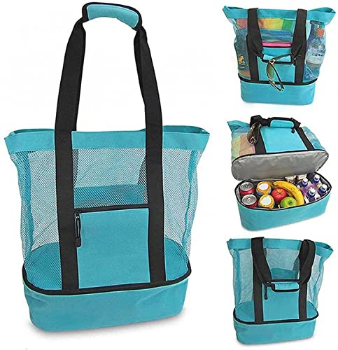 Pilipane Strandtasche Groß mit Netz & Kühlfach, Robuste Leinwand-Beachtasche für Camping, Pool & Urlaub, Leicht & Wasserdicht mit Verstärkten Griffen, 2 Außentaschen (55x40 cm)