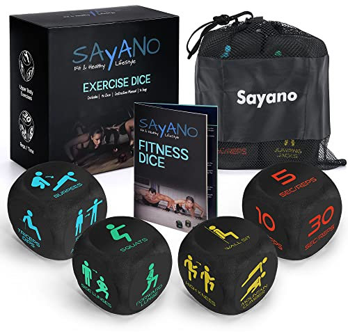 Sayano – 4 x Workout/Fitnesswürfel für Home & Outdoor Fitness, Sportübungen/Workout + Tasche + Anleitung