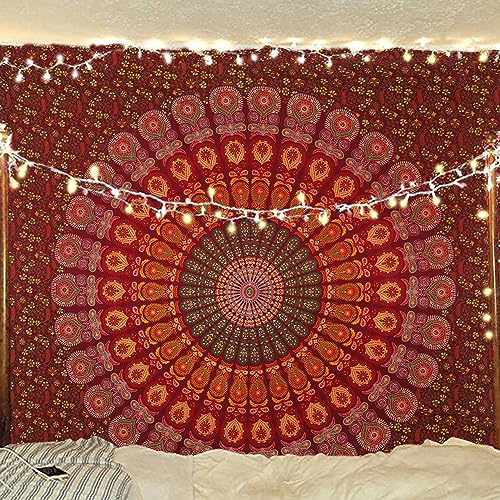 Bless International Indischer Hippie Bohemian Psychedelic Peacock Mandala Wandbehang Bettwäsche Tapisserieoth (Maroon Yellow, Queen(84x90Inches)(215x230Cms))