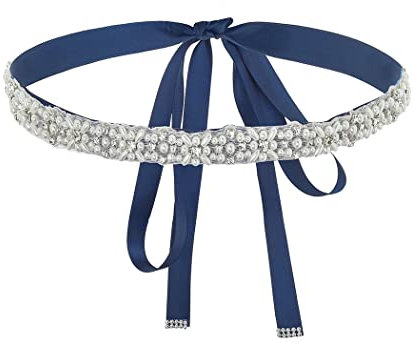 IYOU Braut Hochzeit Gürtel Marineblau Perle Kristall Braut Brautjungfer Schärpe Gürtel mit Band für Frauen Abschlussball Party, Einheitsgröße