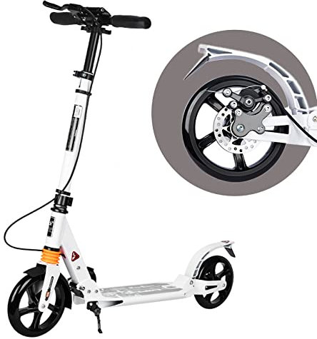 Bueuwe Big Wheel Scooter City Roller für Erwachsene, Roller Kinder 10 Jahre, Tretroller 150 kg Tragkraft, Klappbar Cityroller, Höhenverstellbar Kickboard mit Handbremse und Stoßdämpfer,Weiß