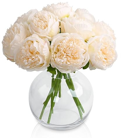 Tuocal 2 Bunches Peony Artificial Flowers, 10 PCS Silk Single Stem Peony Fake Flowers Realistic Bouquet for Wedding Home Party Table Centerpieces Floral Arrangement Hotel Office Decor, Champagne Gold
