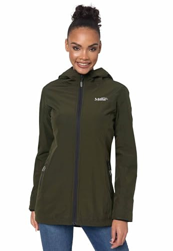 MARIKOO Übergangsjacke Damen (XS-XXL) - Atmungsaktiv, Innen Samtweicher Stoff, Kapuze, Winddicht - leichte Jacke lang - Stehkragen, 3 Taschen, verlängerter Zipper