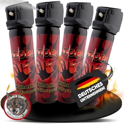 4 x Wilhelm Pfefferspray Tierabwehr Selbstverteidigung CS KO Spray hochdosiert (ca. 2 Mio. Scoville) effektives Verteidigungsspray