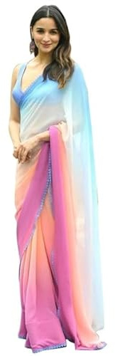 Jaanvi fashion Damen mehrfarbiger Georgette-Leheriya bedruckter Alia-Bhatt-Sari mit ungesäumtem Blusenteil (Diwali Special), mehrfarbig, One size