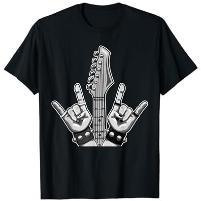E-Gitarre und Pommesgabel Hand Zeichen für Heavy Metal Musik T-Shirt