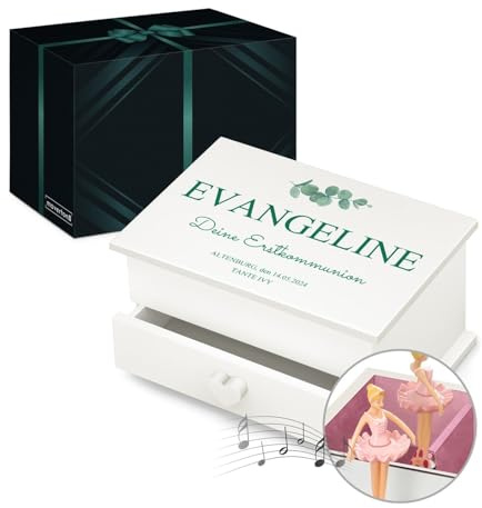 Maverton Jewelkeeper mit Aufdruck - Schmuckschatulle mit Spieluhr Ballerina - Musikschmuckdose für Mädchen - Schmuckkästchen zur Taufe - zur Erstkommunion - zum Geburtstag - mit Schublade - Grün