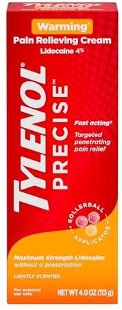 Tylenol Precise Warming Pain Reliever Cream, Maximum Strength 4% Lidocaine Warming Pain Cream for Back, Knee & Joint Pain, Fast-Acting, Penetrating Pain Relief Cream, Light Scent, 4 oz