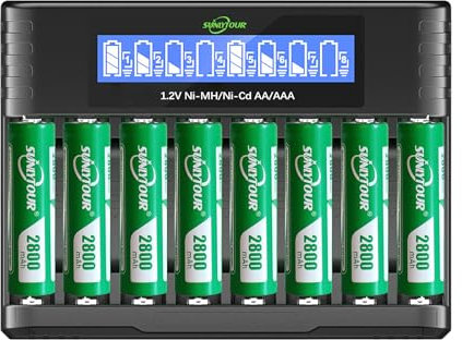 2800mAh Ni-MH AA Batteria con Caricabatterie, SUNLYTOUR 8 Pile 2800mAh AA Ni-MH Batterie con 8 Slot AAA AA Caricabatterie, Ricarica fino a 1200 Cicli
