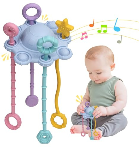 ETETOO Montessori Pull String Toy, Food Grade Silicone Early Development Toy, Fine Motor Skills Travel Toy, Sensory Gifts (Blue)