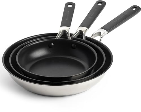 KitchenAid Classic Stainless Steel Set de 3 Sartenes de Acero Inoxidable con Cerámica Antiadherente Sin PFAS, 20cm, 24 cm y 28 cm, Clad, Inducción, Mango Stay-Cool, Apto para Horno hasta 160°C, Plata