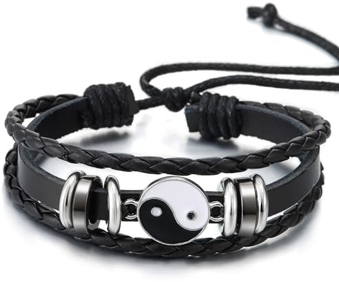 COOLSTEELANDBEYOND Yin Yang Charms Bracciali, Nero Pelle Tre Filoni, Uomo Donna Braccialetto Avvolgere Fascia di Polso