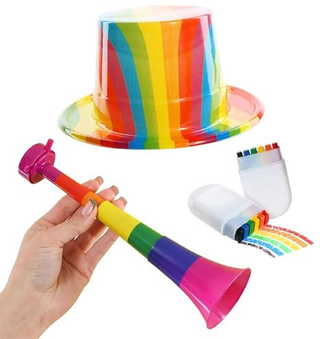 I LOVE FANCY DRESS Plastic Pride Top Hat, Vuvuzela & Face Paint - Rainbow Plastic Top Hat, Rainbow Vuvuzela Noisemaker and Rainbow Face Paint Stick - Perfect for Pride & Summer Events